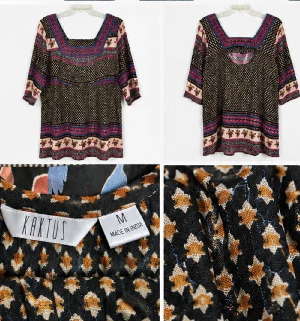 Kaktus Boho Print Tunic Top Multicolor Square Neck M